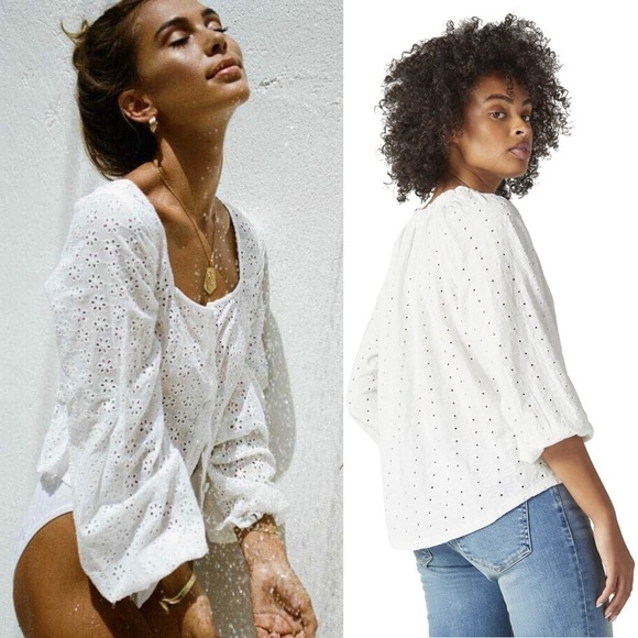 DEREK LAM 70s Eyelet Floral Embroidery Ruched Puff Long Sleeve Square Neck Top 4 - Picture 1 of 5